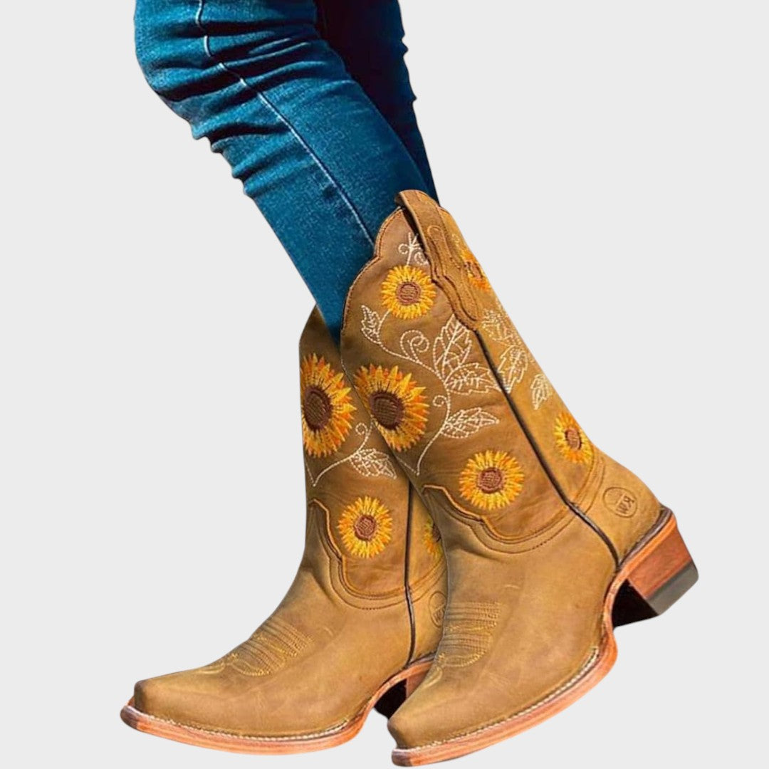 Sun | Suede Cowboy Boots with Flowers