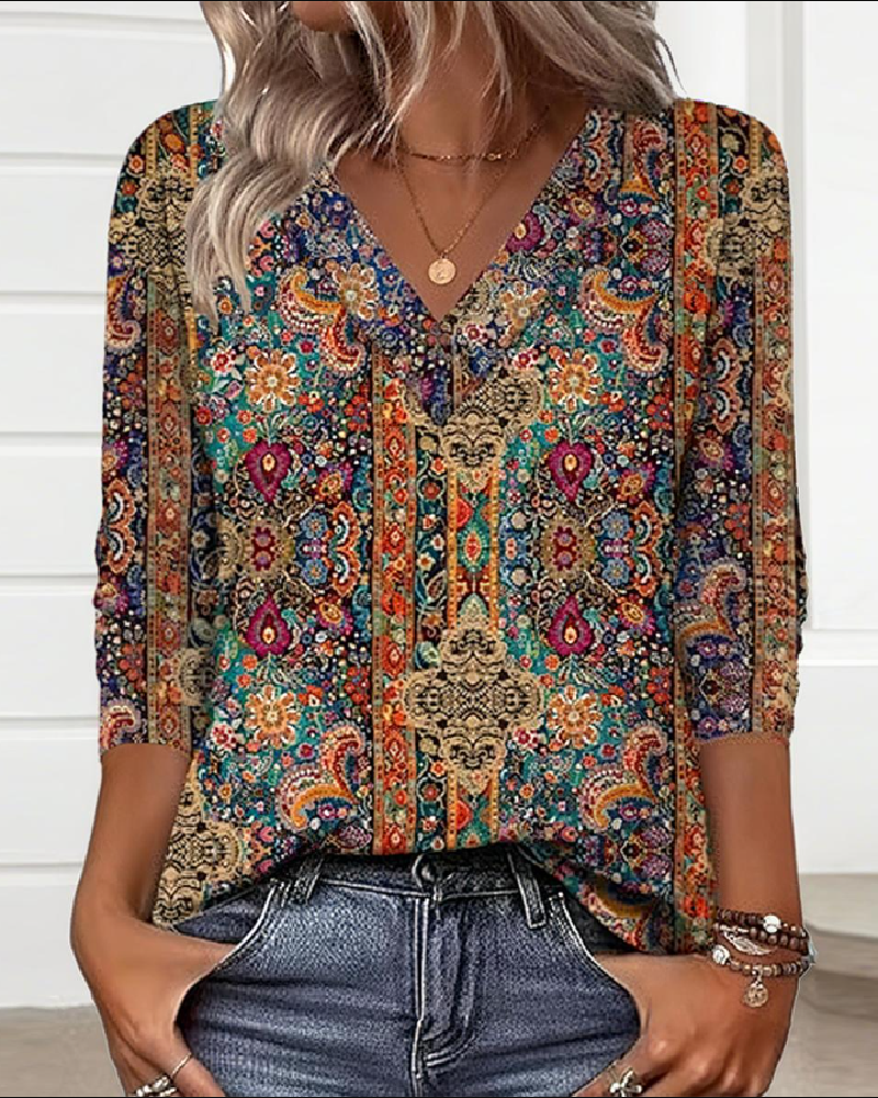 Elise | Retro Printed Blouse V-Neck