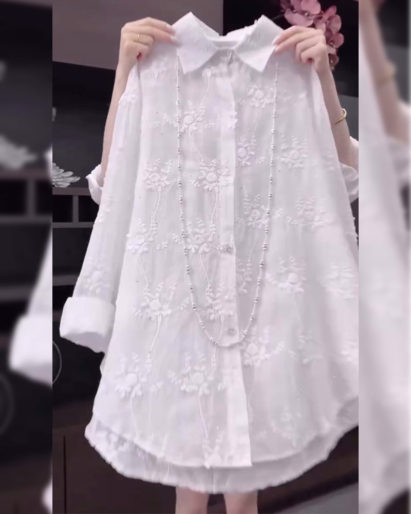 Celeste | Embroidered Solid Color Shirt with Dropped Shoulders