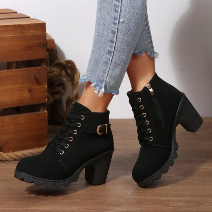 Miriam | Chic Lace-Up Metal Buckle Chunky Ankle Boots