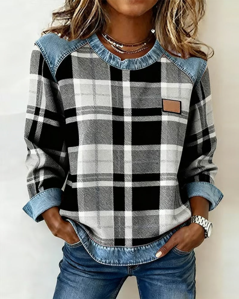 Beverly | Casual Round Neck Denim Patchwork Pullover Sweatshirt