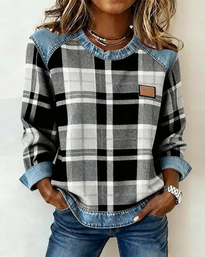 Beverly | Casual Round Neck Denim Patchwork Pullover Sweatshirt