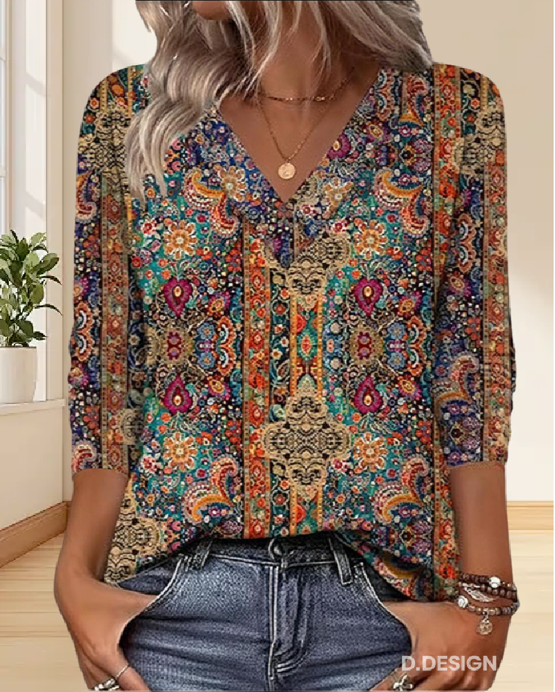 Elise | Retro Printed Blouse V-Neck