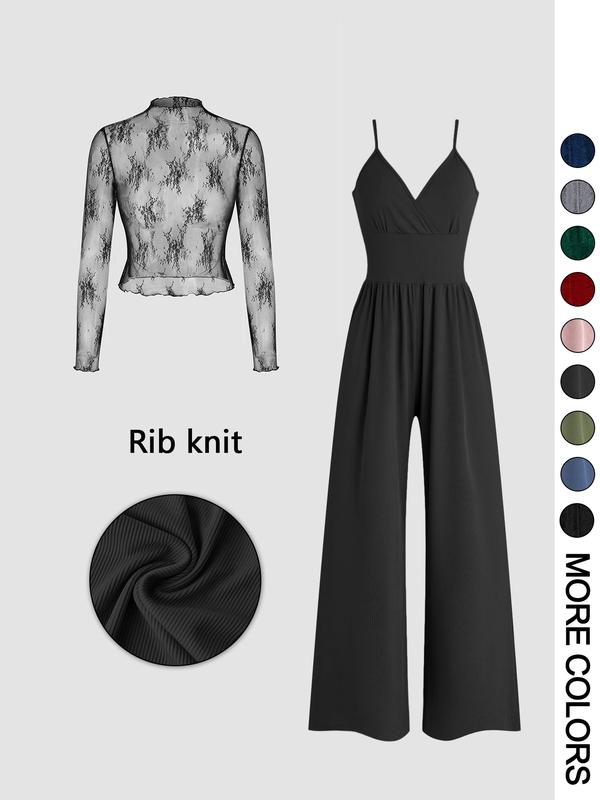 Monette │ Solid Color Lace Tee & Pocket Jumpsuit Set