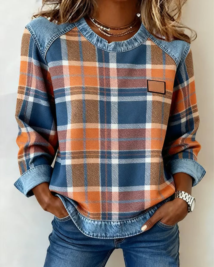 Beverly | Casual Round Neck Denim Patchwork Pullover Sweatshirt