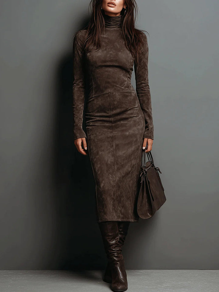 Roselyn | High Neck Long Sleeve Suede Midi Dress