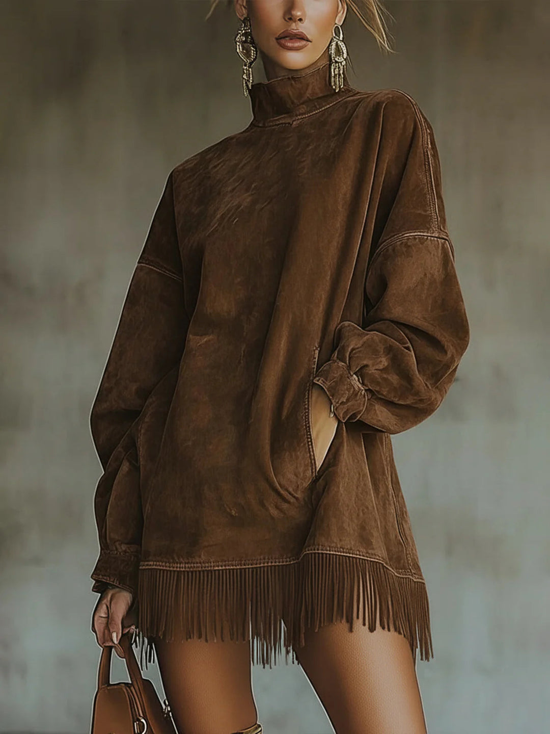 Amalia | Suede Dress with High Collar and Fringe