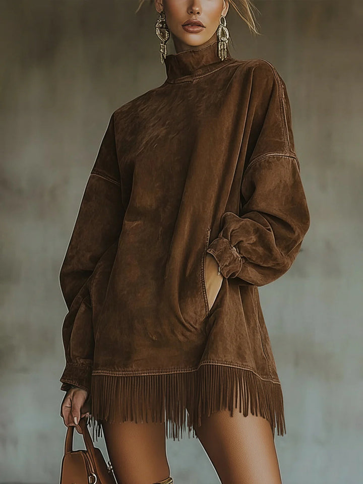 Amalia | Suede Dress with High Collar and Fringe