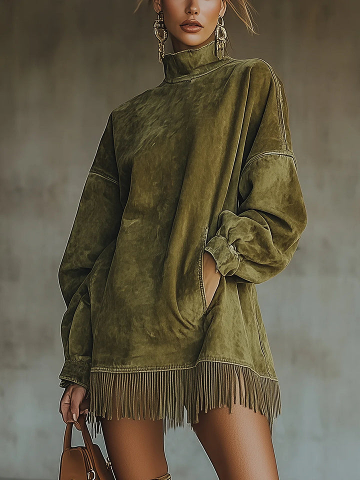 Amalia | Suede Dress with High Collar and Fringe