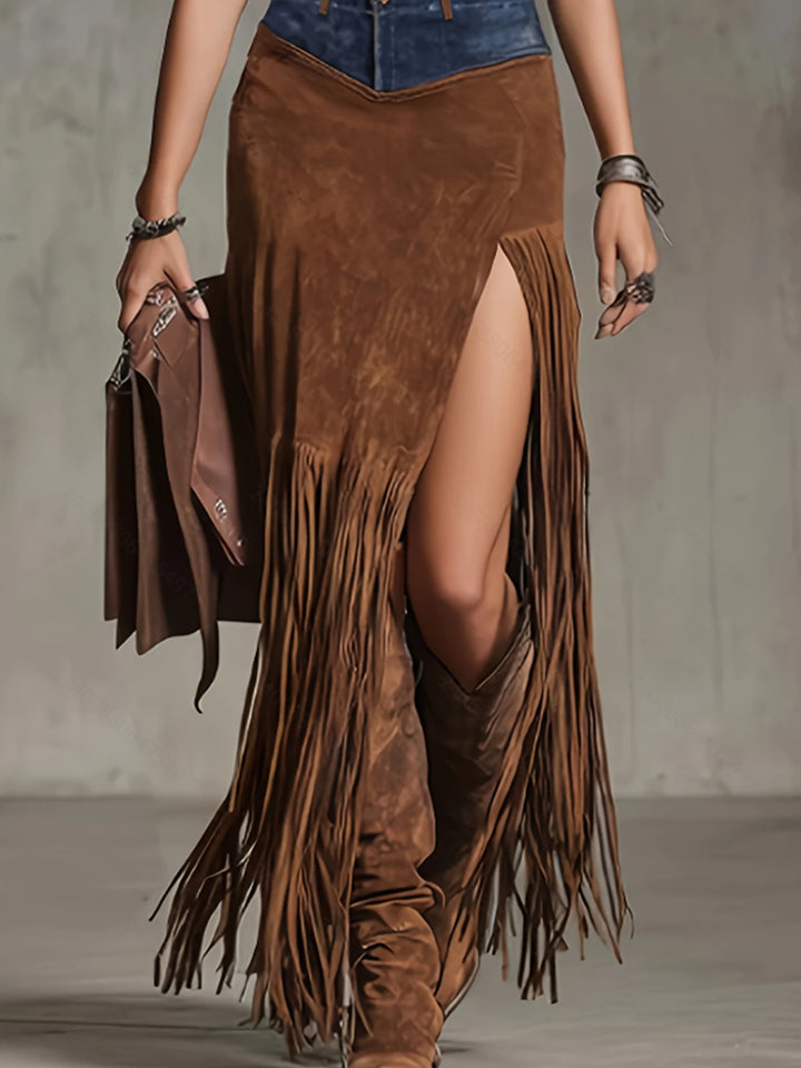 Bridgette │ Suede Fringe High-Slit Skirt
