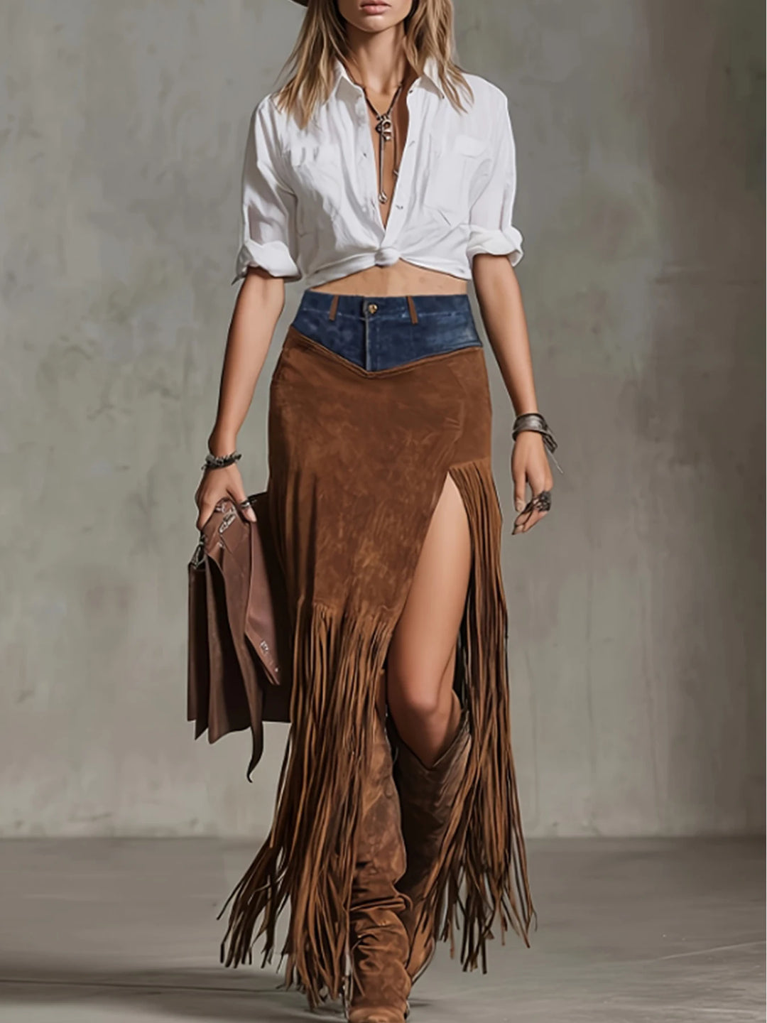 Bridgette │ Suede Fringe High-Slit Skirt