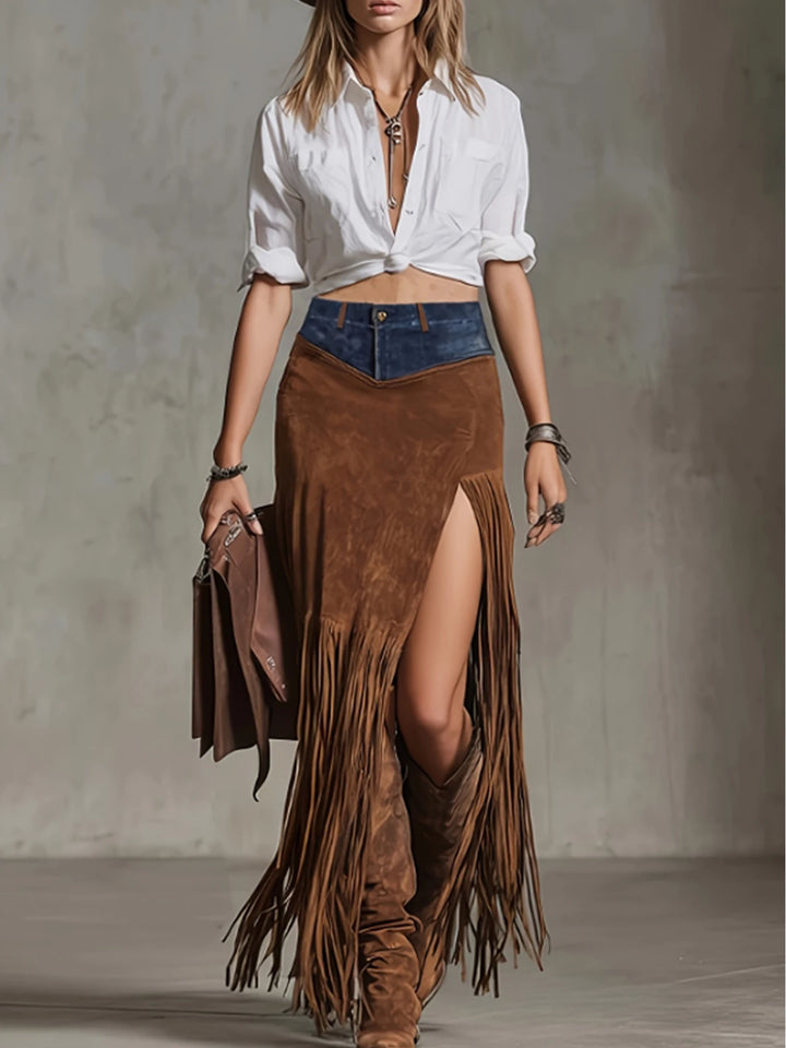 Bridgette │ Suede Fringe High-Slit Skirt