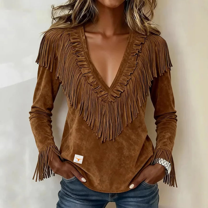 Maribel │ Suede Fringe V-Neck Top