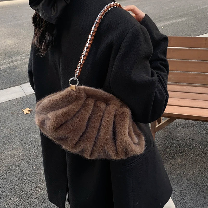 Evelyn | Pleated Faux Fur Shoulder Bag