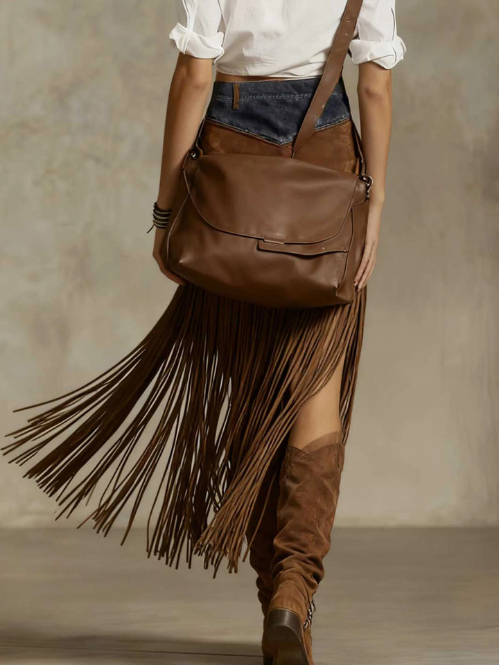 Bridgette │ Suede Fringe High-Slit Skirt