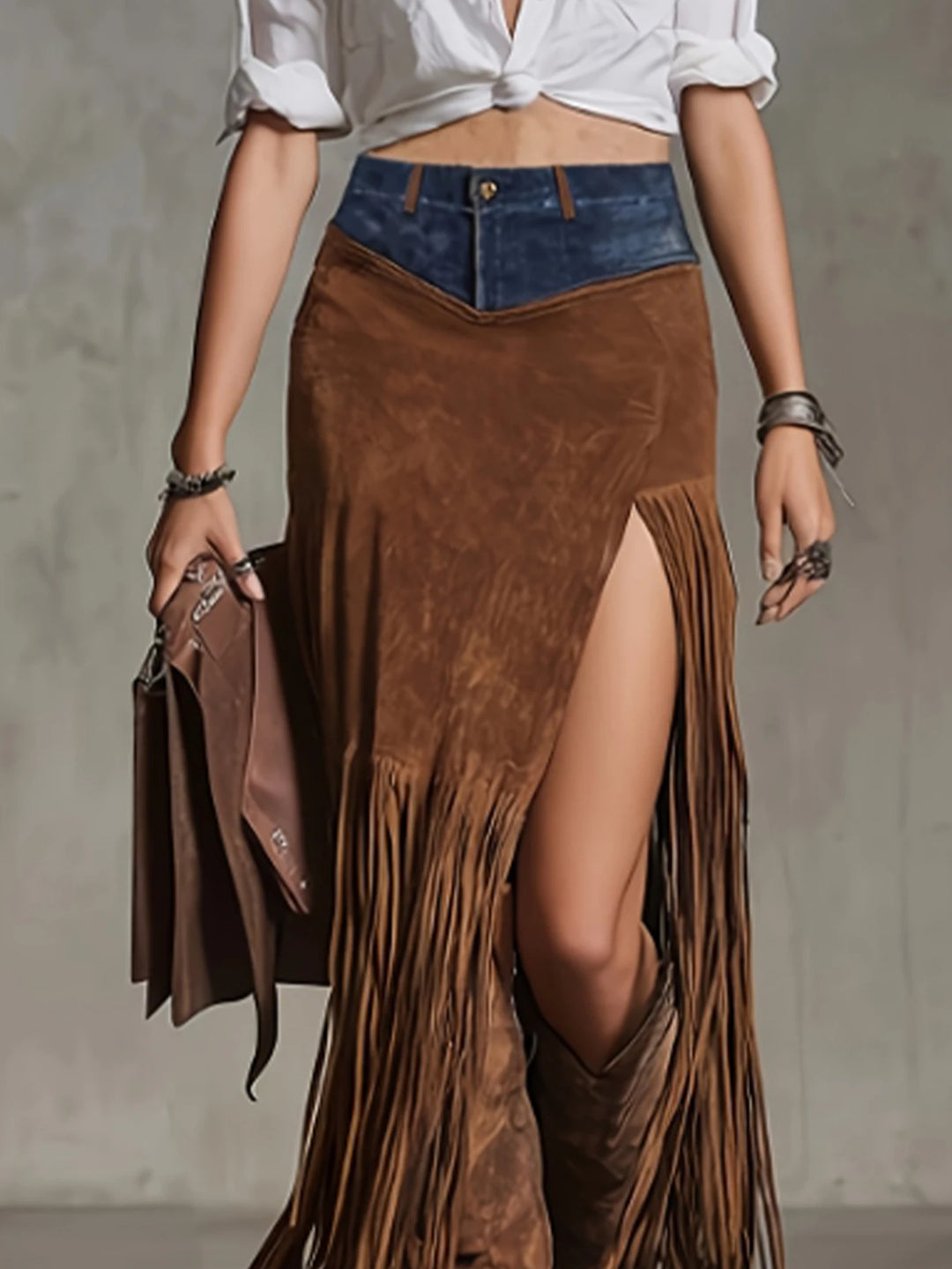 Bridgette │ Suede Fringe High-Slit Skirt