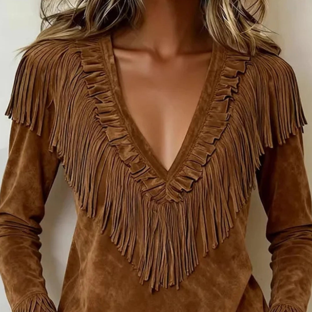 Maribel │ Suede Fringe V-Neck Top