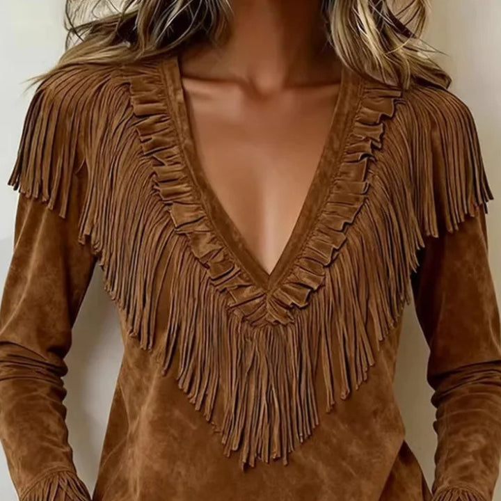 Maribel │ Suede Fringe V-Neck Top