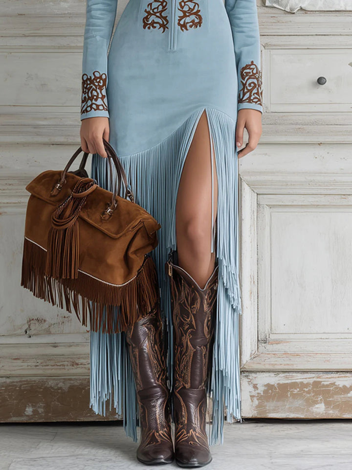 Ovelia | Western Half-Zip Embroidered Faux Suede Fringe Maxi Dress