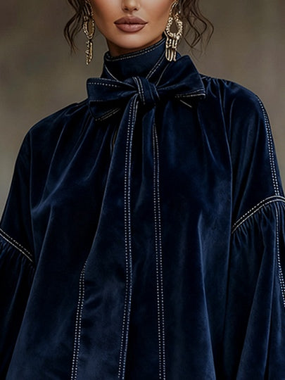 Desiree | Dark Blue Velvet Bow Dress