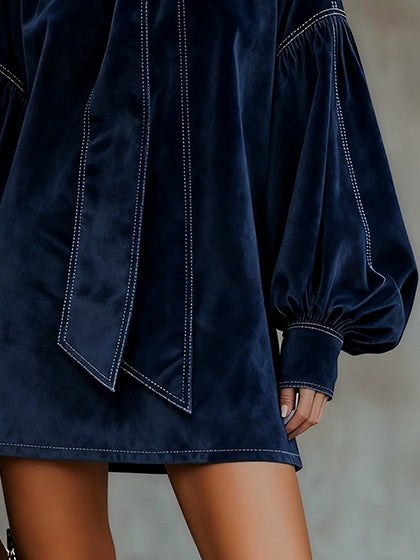 Desiree | Dark Blue Velvet Bow Dress