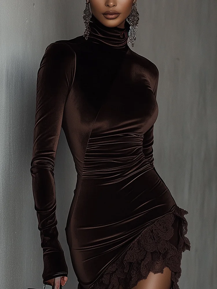 Celia │ Chocolate Velvet Turtleneck Lace Mini Dress