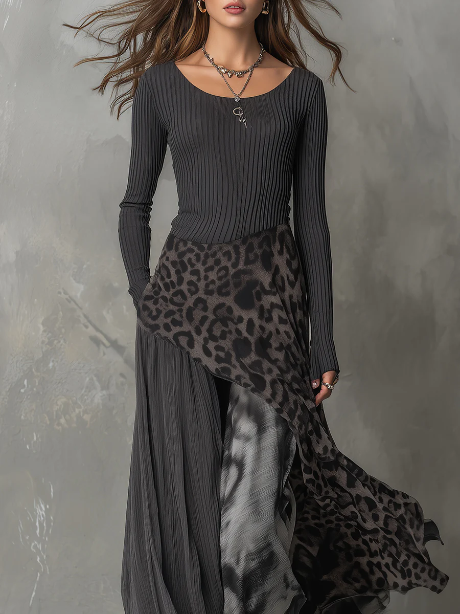 Belleza │ Grey Pit Stripe Leopard Print Splicing Irregular Hem Maxi Dress