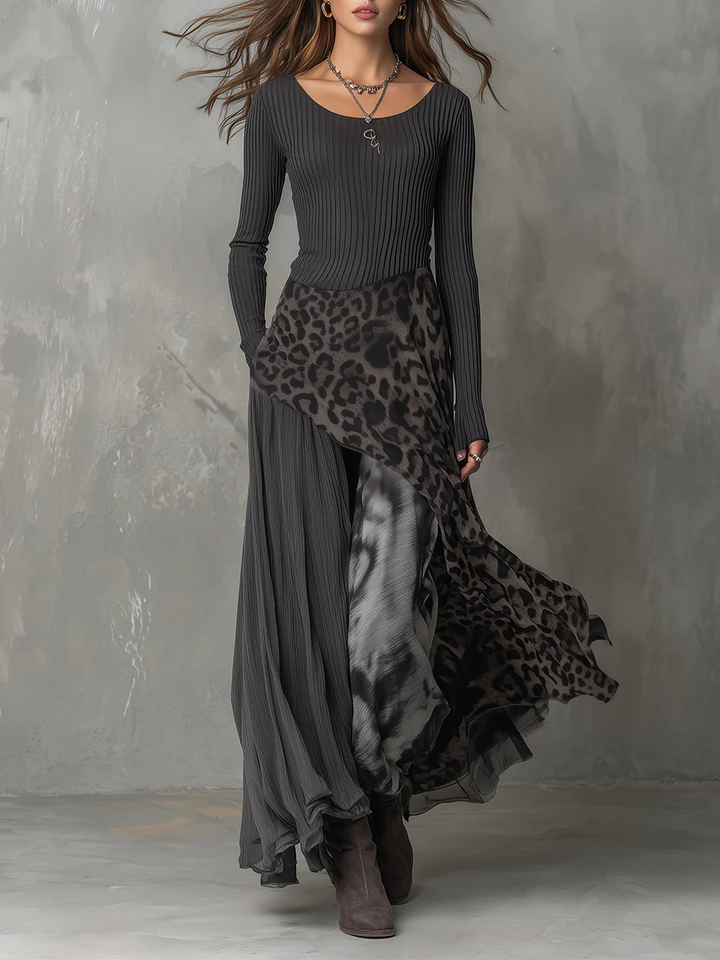 Belleza │ Grey Pit Stripe Leopard Print Splicing Irregular Hem Maxi Dress