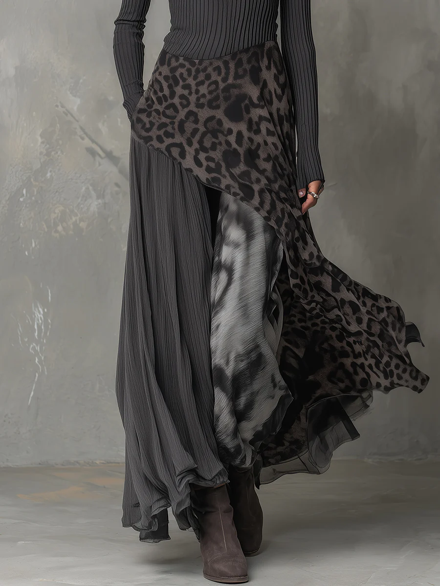 Belleza │ Grey Pit Stripe Leopard Print Splicing Irregular Hem Maxi Dress