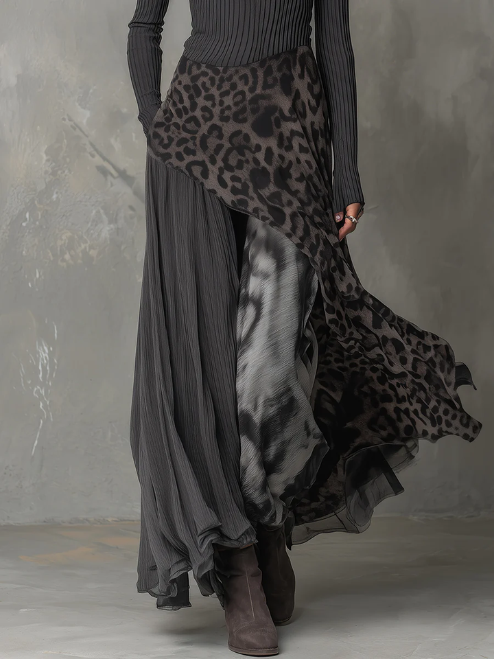 Belleza │ Grey Pit Stripe Leopard Print Splicing Irregular Hem Maxi Dress