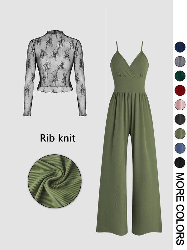 Monette │ Solid Color Lace Tee & Pocket Jumpsuit Set