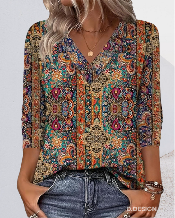 Elise | Retro Printed Blouse V-Neck
