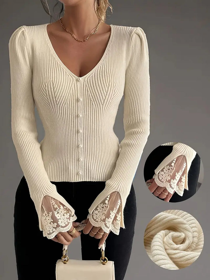 Carly | Ribbed V-Neck Top with Lace Sleeves