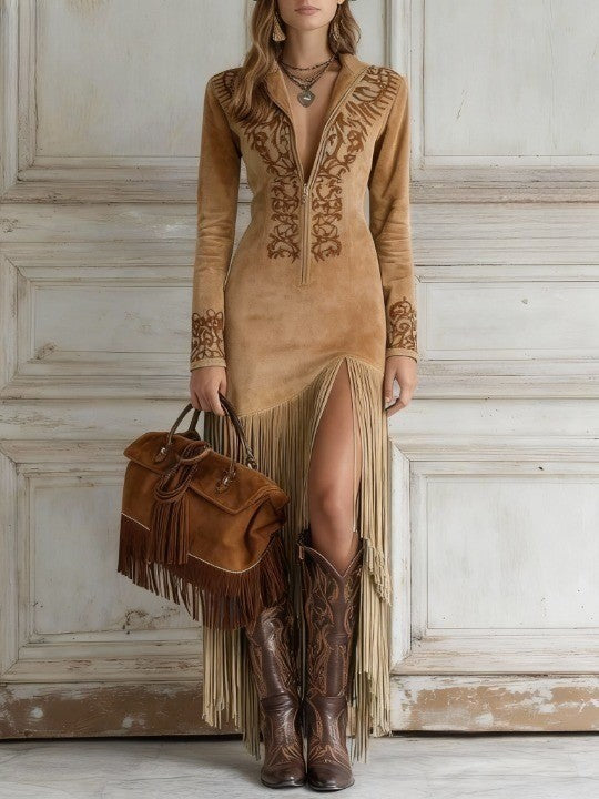 Ovelia | Western Half-Zip Embroidered Faux Suede Fringe Maxi Dress