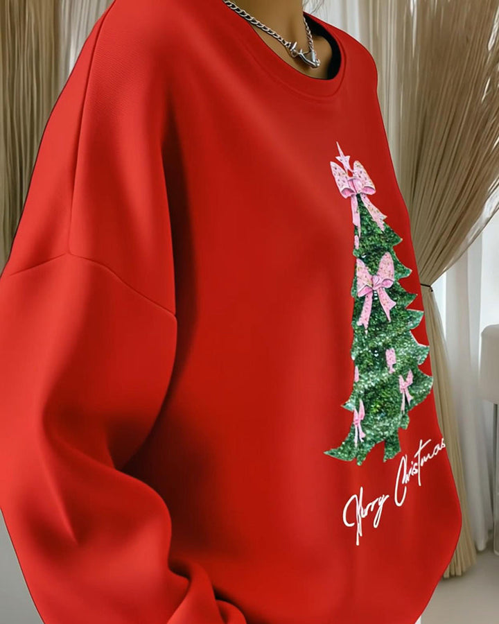 Merry | Round Neck Long Sleeve Christmas Print Sweatshirt