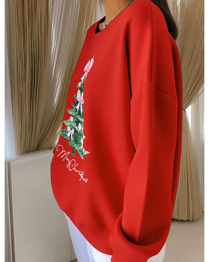 Merry | Round Neck Long Sleeve Christmas Print Sweatshirt