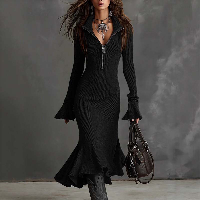 Whitney │ Elegant Knit Dress with Zip Collar & Fishtail Hem