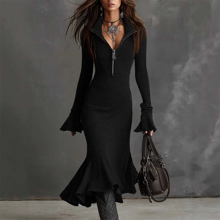 Whitney │ Elegant Knit Dress with Zip Collar & Fishtail Hem