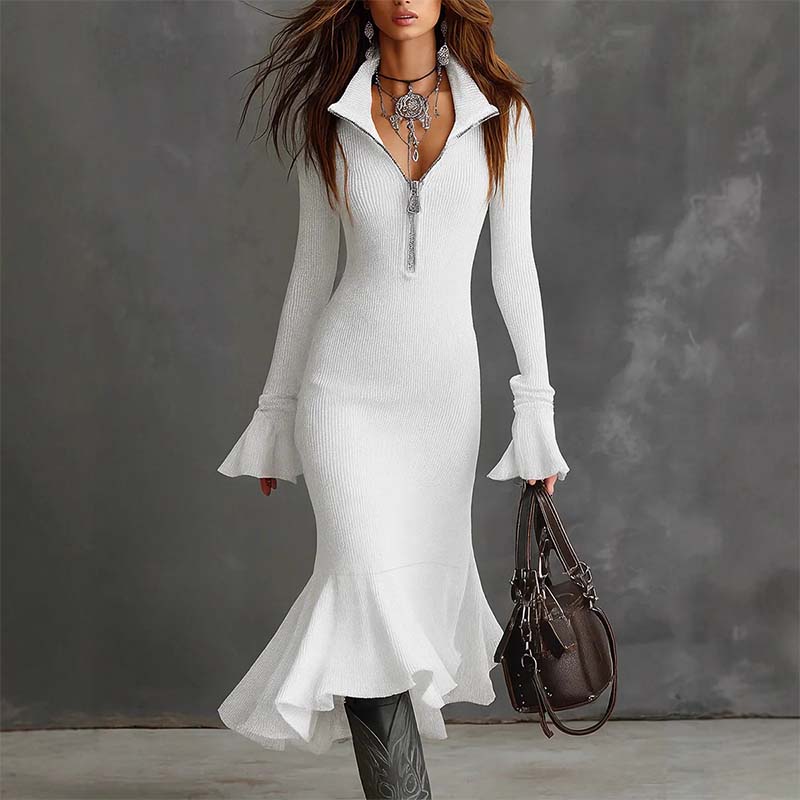 Whitney │ Elegant Knit Dress with Zip Collar & Fishtail Hem